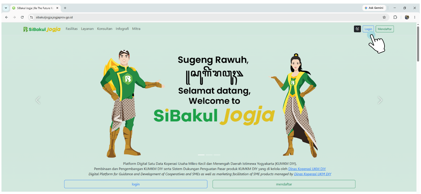 Tampilan beranda SiBakul Jogja dengan tombol Login di pojok kanan atas