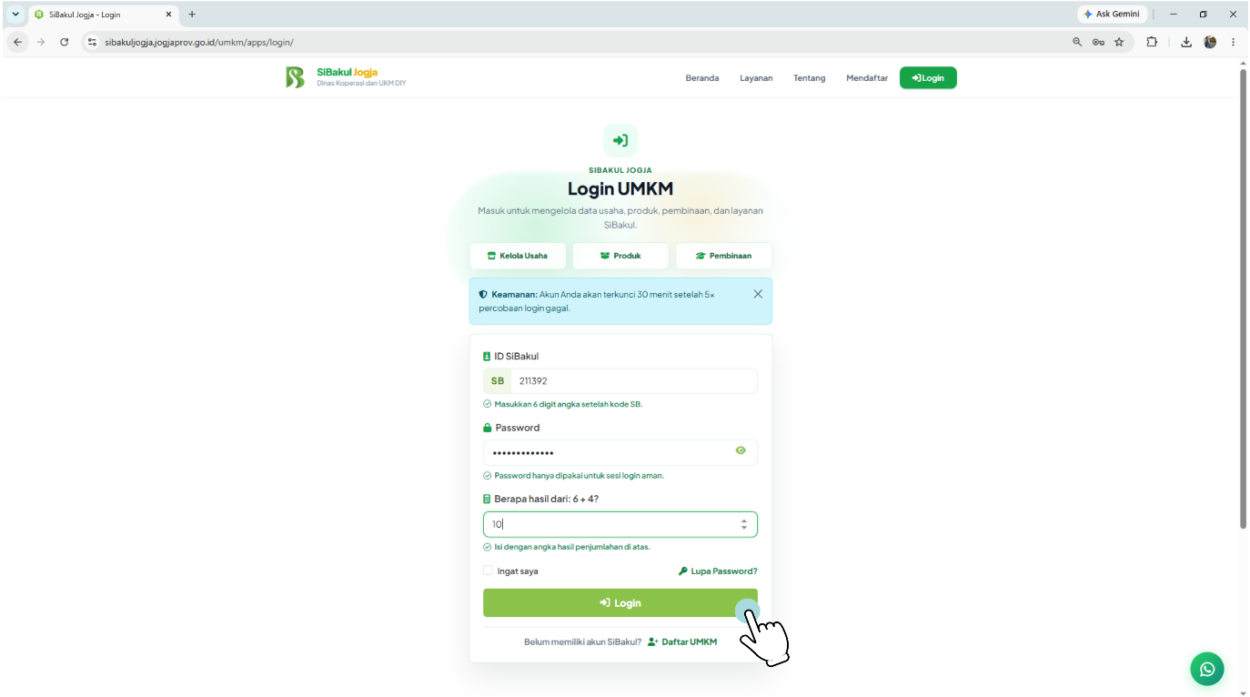 Form login SiBakul Jogja dengan kolom ID SiBakul, password, dan soal penjumlahan