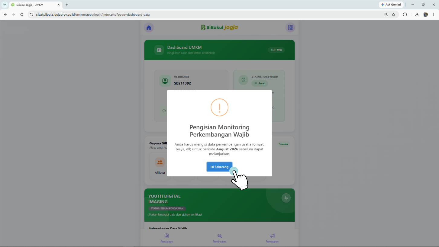 Pop up dashboard SiBakul yang mengingatkan untuk mengisi data omzet periode bulan lalu
