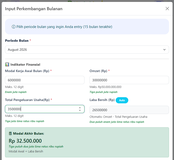 Form pengisian Modal Kerja Awal Bulan, Omzet, dan Total Pengeluaran Usaha di SiBakul Jogja