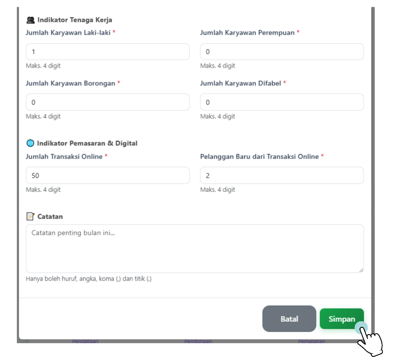 Form data karyawan, transaksi online, dan tombol Simpan di SiBakul Jogja